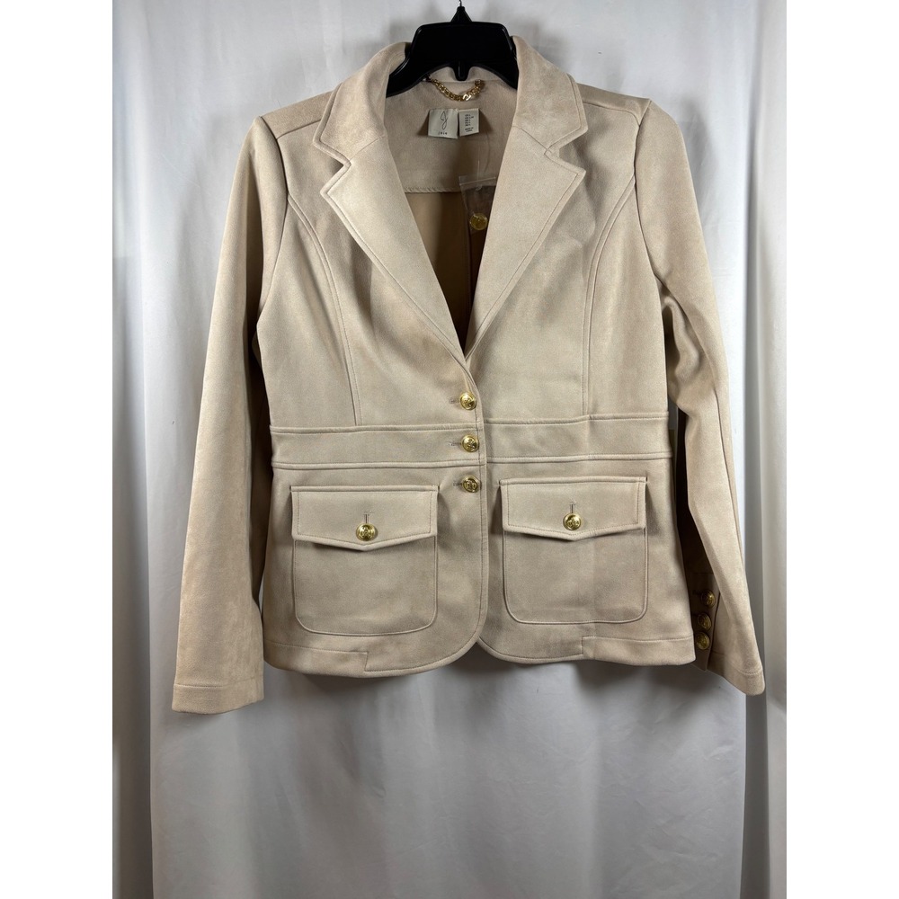 Joie Womens Beige Faux Suede Blazer Jacket Gold Crest Buttons Size Large L